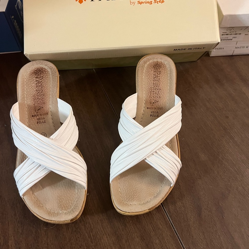 Patrizia white slide on sandal with small wedge heel. SZ 39.  Made in Italy.